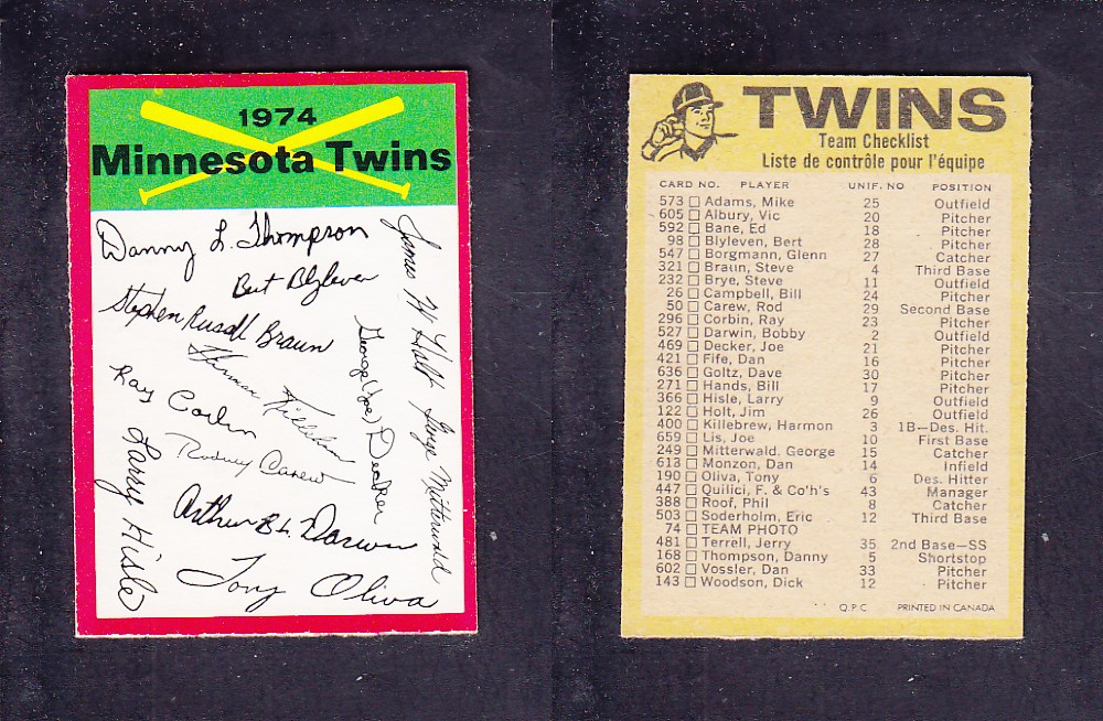 1974 O-PEE-CHEE BASEBALL CARD TEAM CHECKLIST MINNESOTA TWINS photo