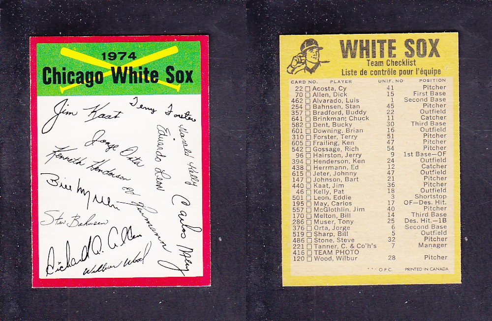 1974 O-PEE-CHEE BASEBALL CARD TEAM CHECKLIST CHICAGO WHITE SOX photo 1974 O-PEE-CHEE BASEBALL CARD TEAM CHECKLIST CHICAGO WHITE SOX photo