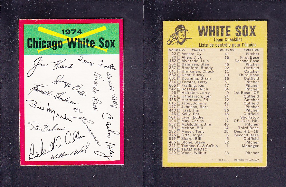 1974 O-PEE-CHEE BASEBALL CARD TEAM CHECKLIST CHICAGO WHITE SOX photo