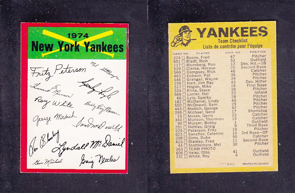 1974 O-PEE-CHEE BASEBALL CARD TEAM CHECKLIST NEW YORK YANKEES photo 1974 O-PEE-CHEE BASEBALL CARD TEAM CHECKLIST NEW YORK YANKEES photo