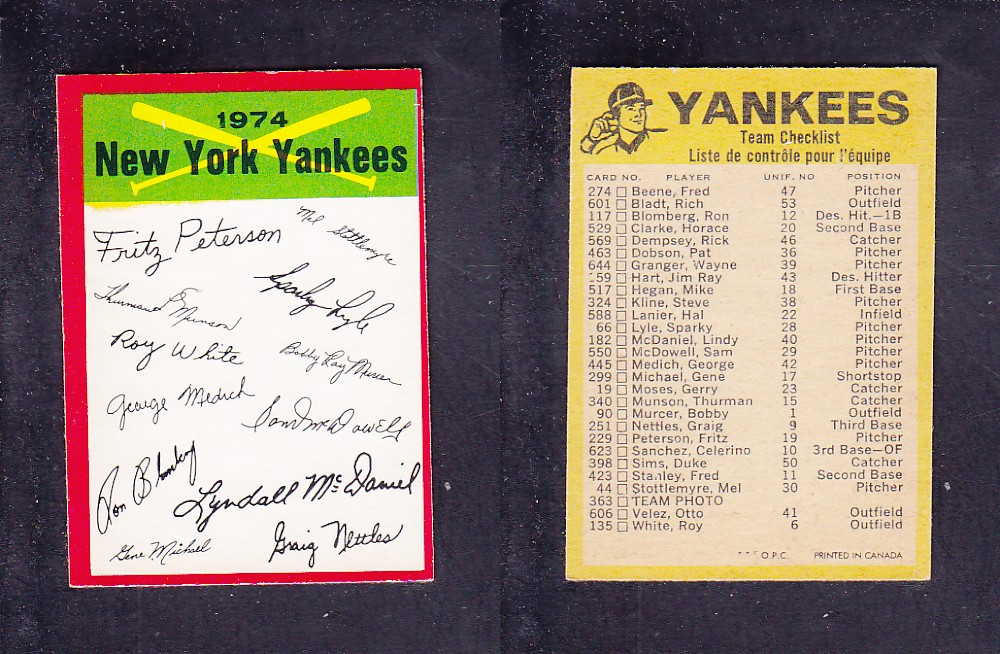 1974 O-PEE-CHEE BASEBALL CARD TEAM CHECKLIST NEW YORK YANKEES photo 1974 O-PEE-CHEE BASEBALL CARD TEAM CHECKLIST NEW YORK YANKEES photo