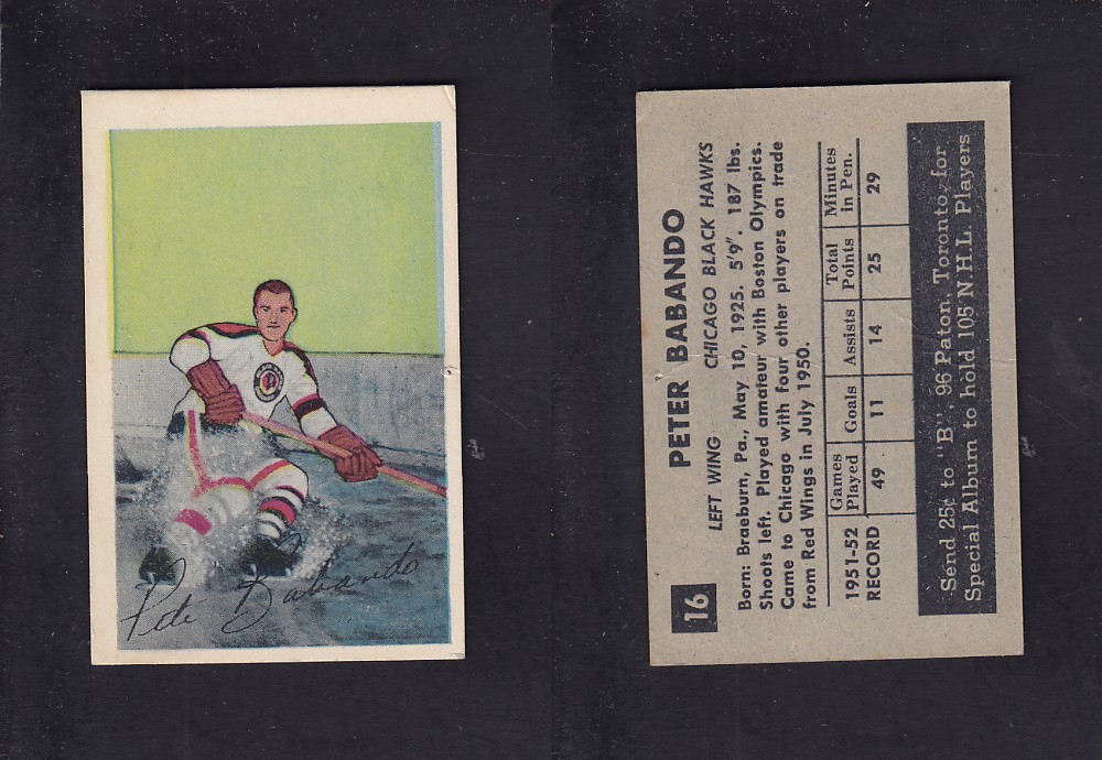 1952-53 PARKHURST HOCKEY CARD #16 P. BABANDO photo 1952-53 PARKHURST HOCKEY CARD #16 P. BABANDO photo