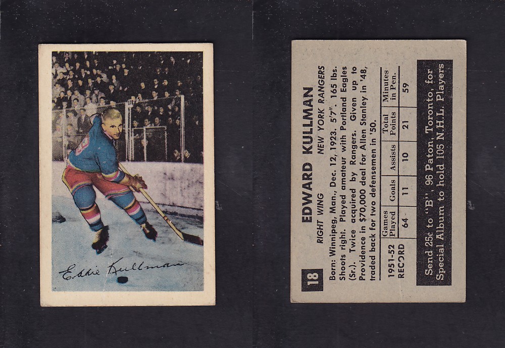 1952-53 PARKHURST HOCKEY CARD #18 E. KULLMAN photo 1952-53 PARKHURST HOCKEY CARD #18 E. KULLMAN photo
