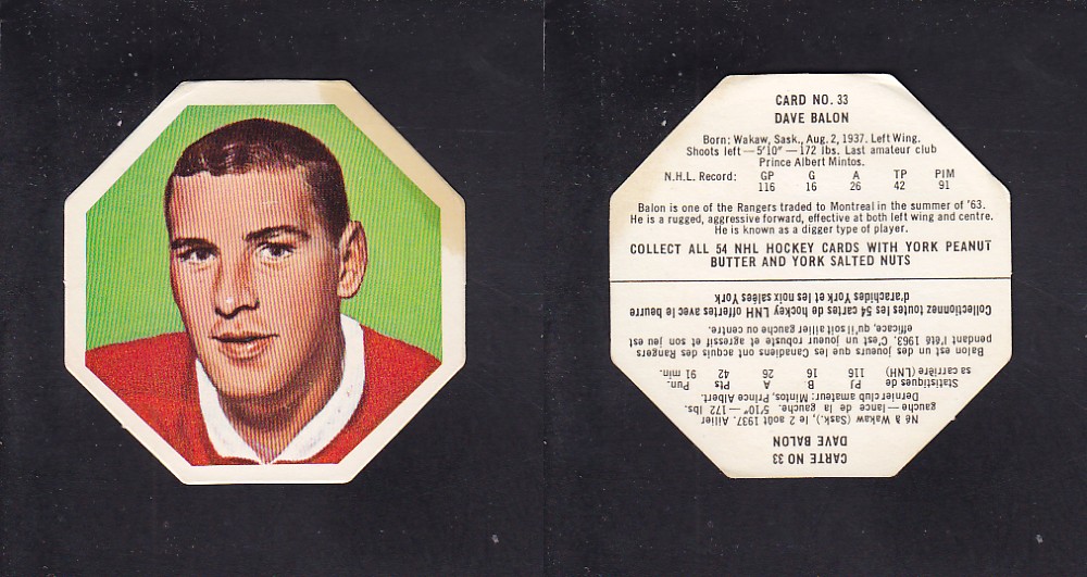 1963-64 YORK HOCKEY CARD #33 D. BALON photo 1963-64 YORK HOCKEY CARD #33 D. BALON photo
