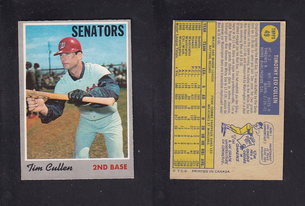 1970 O-PEE-CHEE BASEBALL CARD #49 T. CULLEN photo 1970 O-PEE-CHEE BASEBALL CARD #49 T. CULLEN photo