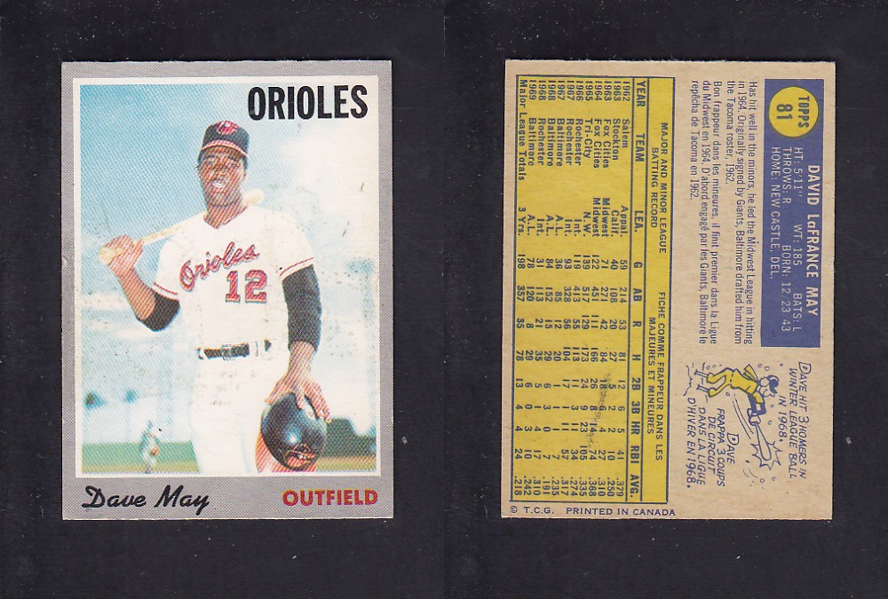 1970 O-PEE-CHEE BASEBALL CARD #81 D. MAY photo 1970 O-PEE-CHEE BASEBALL CARD #81 D. MAY photo