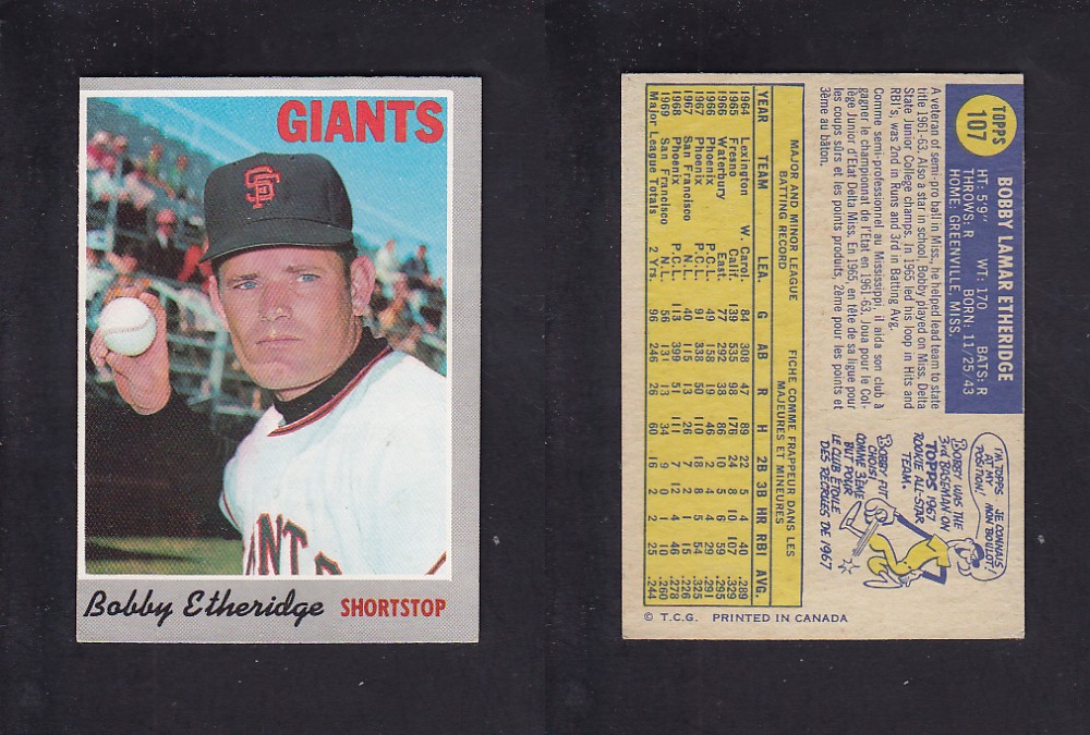 1970 O-PEE-CHEE BASEBALL CARD #107 B. ETHERIDGE photo