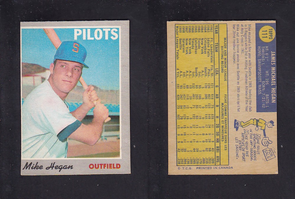 1970 O-PEE-CHEE BASEBALL CARD #111 M. HEGAN photo