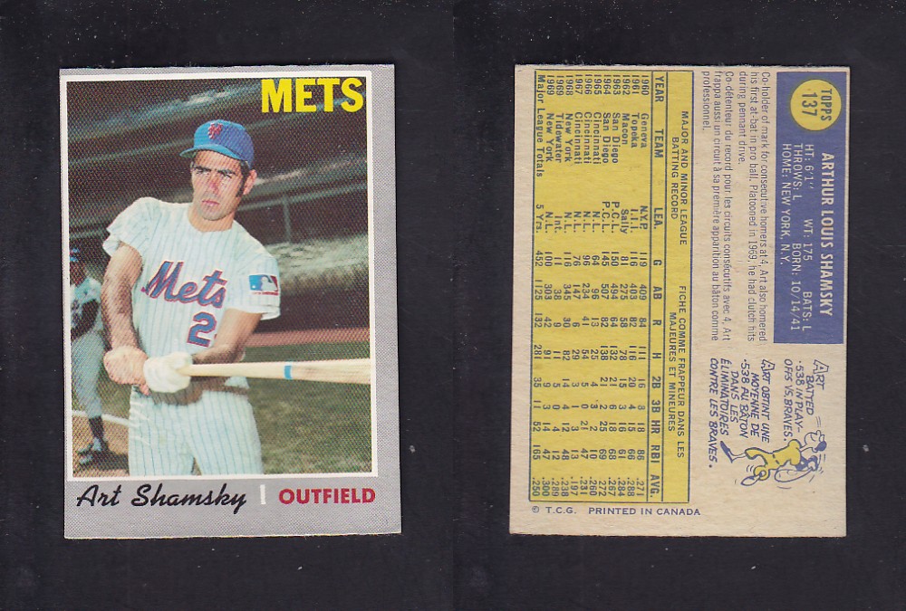 1970 O-PEE-CHEE BASEBALL CARD #137 A. SHAMSKY photo