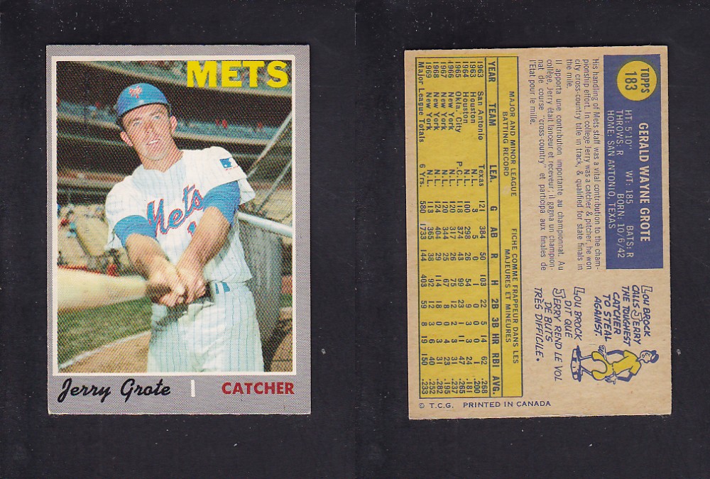 1970 O-PEE-CHEE BASEBALL CARD #183 J. GROTE photo