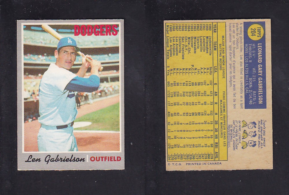 1970 O-PEE-CHEE BASEBALL CARD #204 L. GABRIELSON photo 1970 O-PEE-CHEE BASEBALL CARD #204 L. GABRIELSON photo