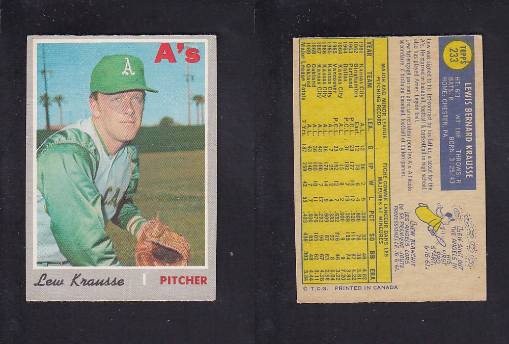 1970 O-PEE-CHEE BASEBALL CARD #233 L. KRAUSSE photo