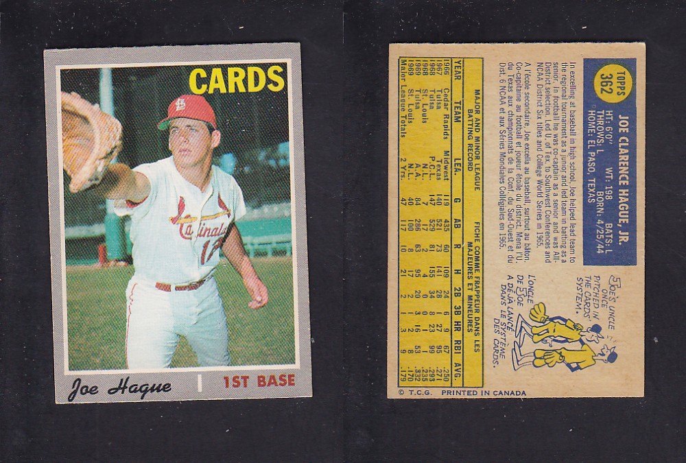 1970 O-PEE-CHEE BASEBALL CARD #362 J. HAGUE photo 1970 O-PEE-CHEE BASEBALL CARD #362 J. HAGUE photo