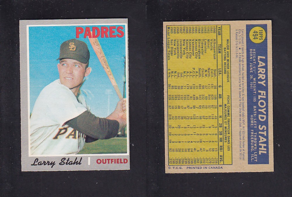 1970 O-PEE-CHEE BASEBALL CARD #494 L. STAHL photo 1970 O-PEE-CHEE BASEBALL CARD #494 L. STAHL photo