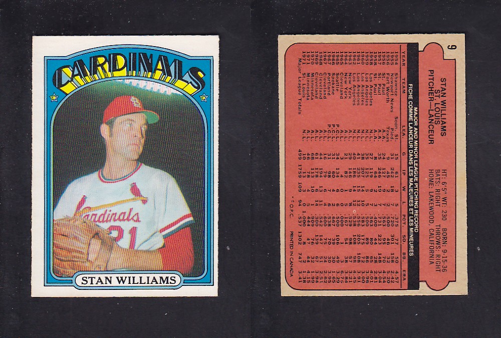 1972 O-PEE-CHEE BASEBALL CARD #9 S. WILLIAMS photo 1972 O-PEE-CHEE BASEBALL CARD #9 S. WILLIAMS photo