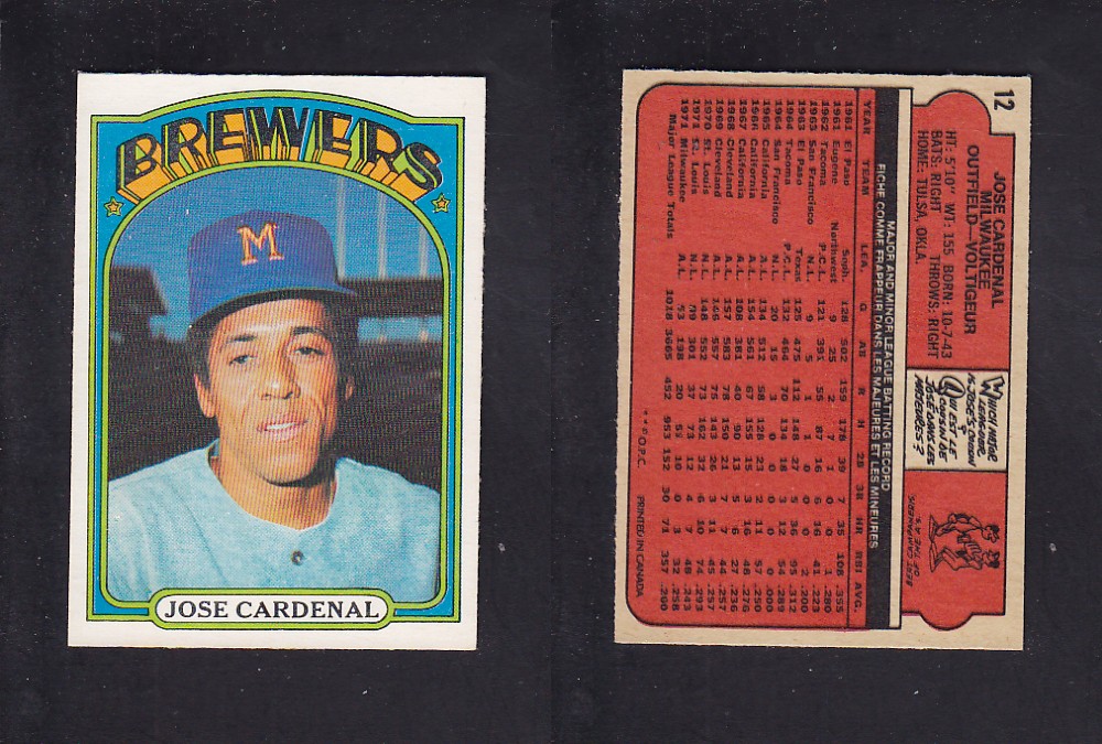 1972 O-PEE-CHEE BASEBALL CARD #12 J. CARDENAL photo 1972 O-PEE-CHEE BASEBALL CARD #12 J. CARDENAL photo