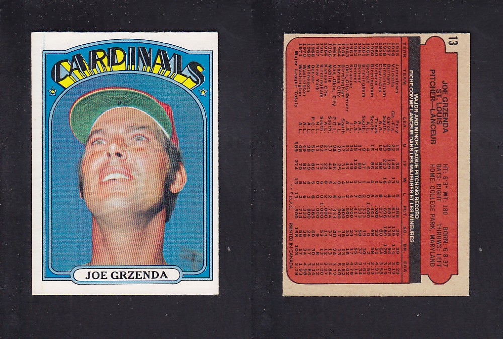 1972 O-PEE-CHEE BASEBALL CARD #13 J. GRZENDA photo 1972 O-PEE-CHEE BASEBALL CARD #13 J. GRZENDA photo