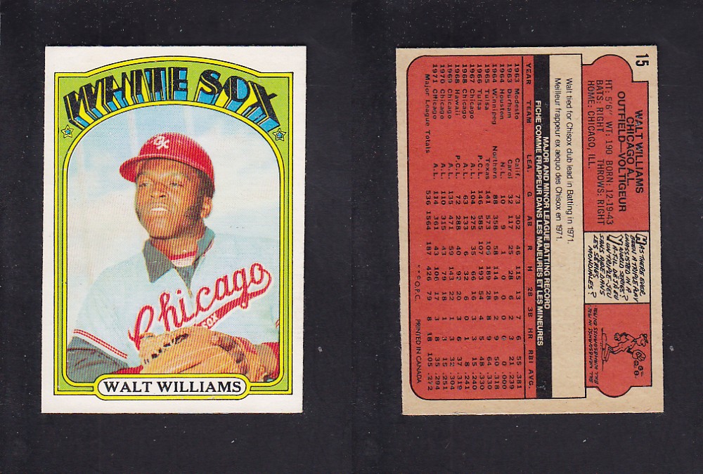 1972 O-PEE-CHEE BASEBALL CARD #15 W. WILLIAMS photo 1972 O-PEE-CHEE BASEBALL CARD #15 W. WILLIAMS photo