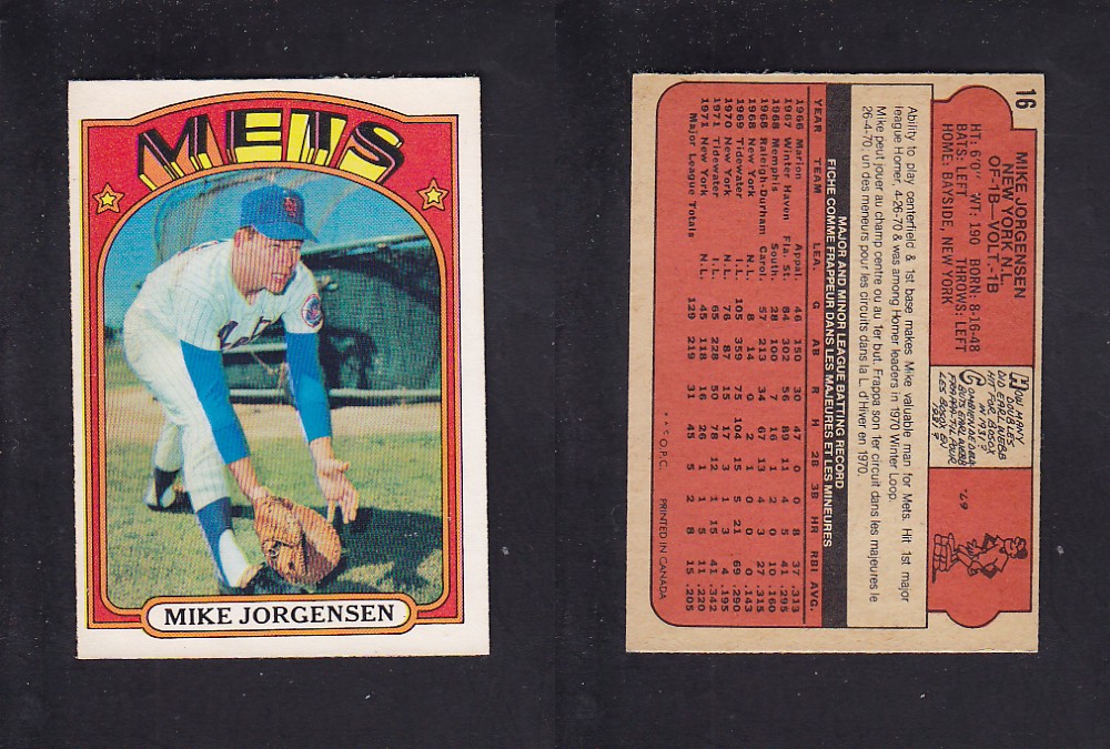 1972 O-PEE-CHEE BASEBALL CARD #16 M. JORGENSEN photo 1972 O-PEE-CHEE BASEBALL CARD #16 M. JORGENSEN photo