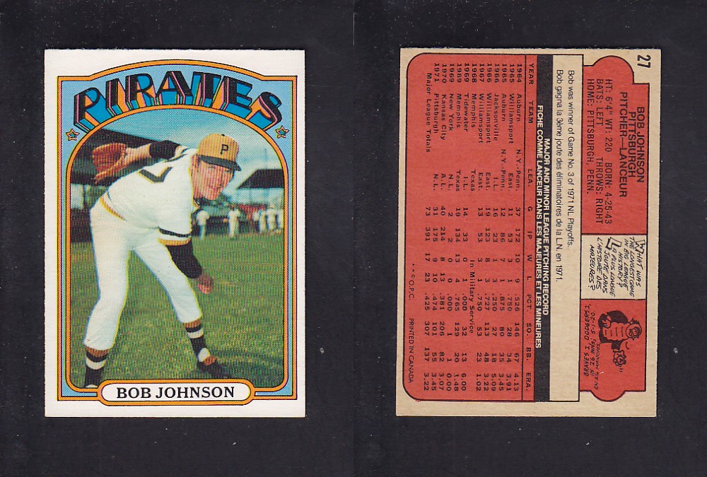 1972 O-PEE-CHEE BASEBALL CARD #27 B. JOHNSON photo 1972 O-PEE-CHEE BASEBALL CARD #27 B. JOHNSON photo