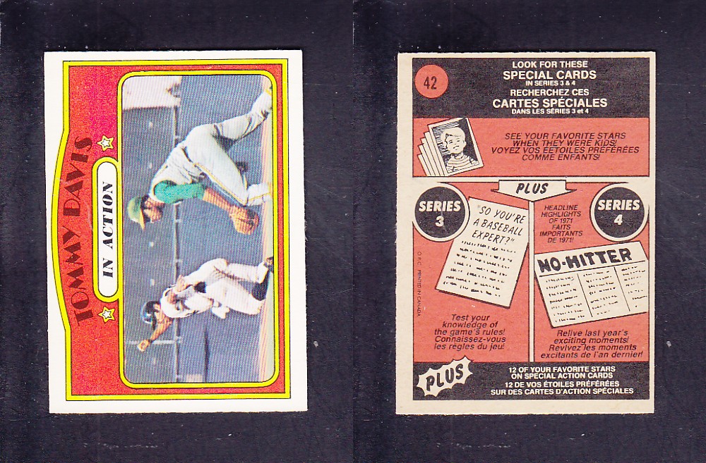1972 O-PEE-CHEE BASEBALL CARD #42 T. DAVIS IN ACTION photo 1972 O-PEE-CHEE BASEBALL CARD #42 T. DAVIS IN ACTION photo