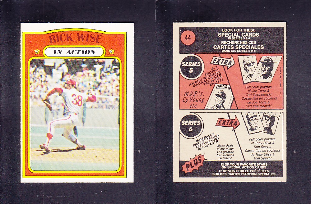1972 O-PEE-CHEE BASEBALL CARD #44 R. WISE IN ACTION photo 1972 O-PEE-CHEE BASEBALL CARD #44 R. WISE IN ACTION photo