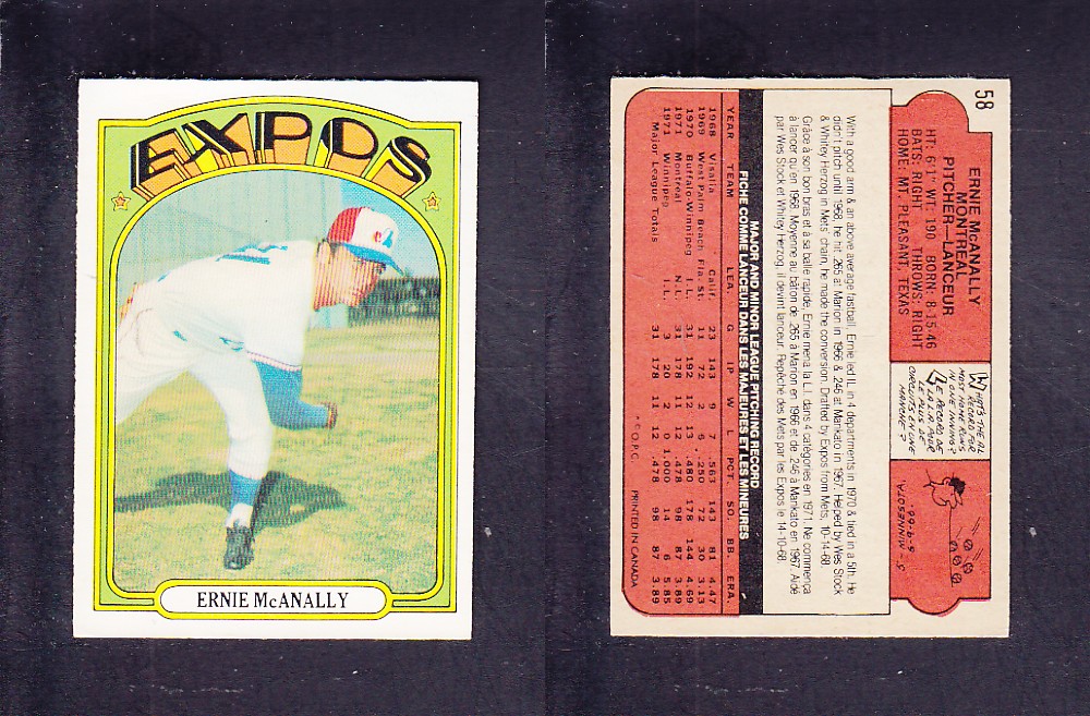 1972 O-PEE-CHEE BASEBALL CARD #58 E. McANALLY photo 1972 O-PEE-CHEE BASEBALL CARD #58 E. McANALLY photo