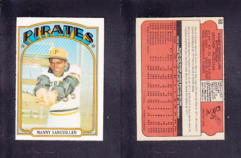 1972 O-PEE-CHEE BASEBALL CARD #60 M. SANGUILLEN photo 1972 O-PEE-CHEE BASEBALL CARD #60 M. SANGUILLEN photo