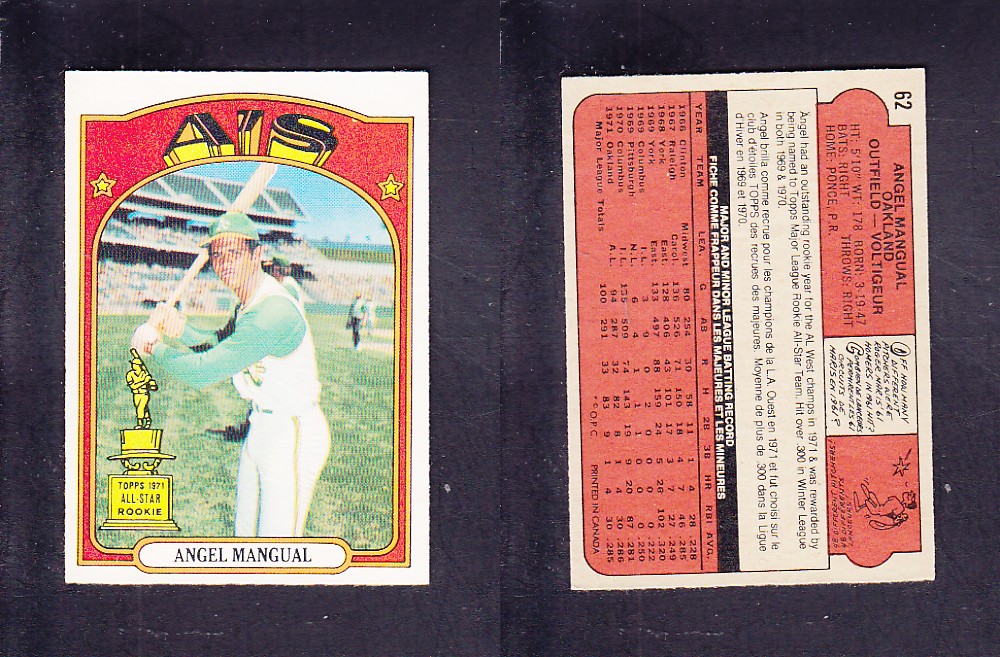 1972 O-PEE-CHEE BASEBALL CARD #62 A. MANGUAL photo 1972 O-PEE-CHEE BASEBALL CARD #62 A. MANGUAL photo