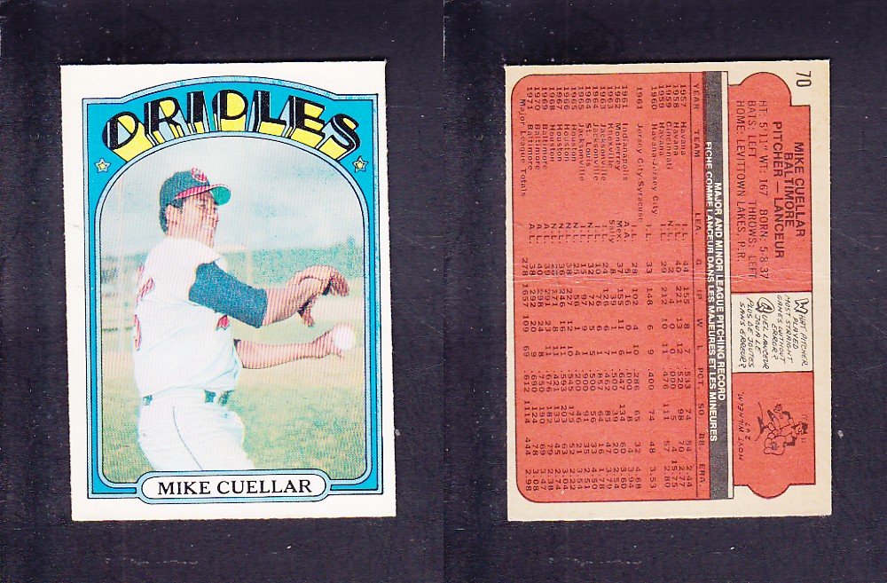 1972 O-PEE-CHEE BASEBALL CARD #70 M. CUELLAR photo 1972 O-PEE-CHEE BASEBALL CARD #70 M. CUELLAR photo