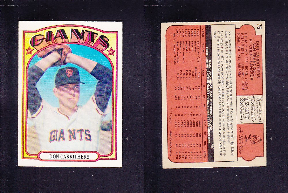 1972 O-PEE-CHEE BASEBALL CARD #76 D. CARRITHERS photo 1972 O-PEE-CHEE BASEBALL CARD #76 D. CARRITHERS photo