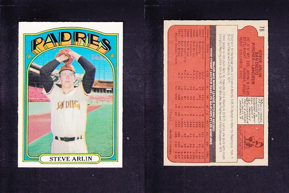 1972 O-PEE-CHEE BASEBALL CARD #78 S. ARLIN photo 1972 O-PEE-CHEE BASEBALL CARD #78 S. ARLIN photo