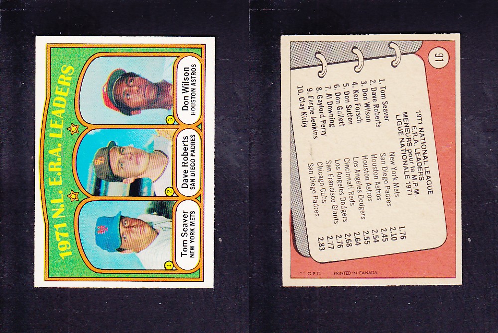 1972 O-PEE-CHEE BASEBALL CARD #91 N.L. E.R.A. LEADERS photo 1972 O-PEE-CHEE BASEBALL CARD #91 N.L. E.R.A. LEADERS photo