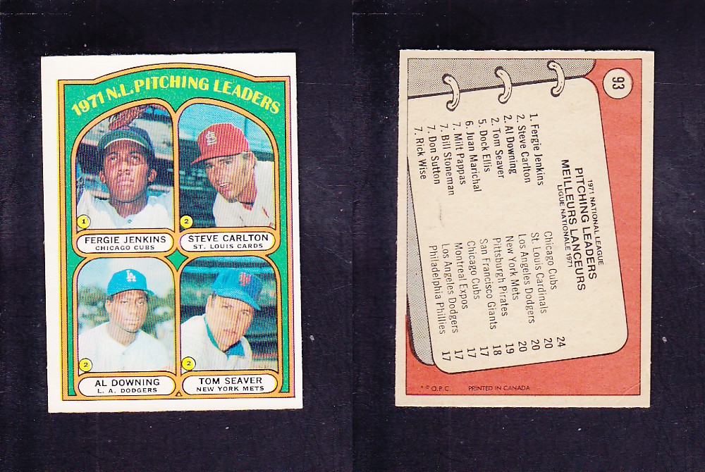 1972 O-PEE-CHEE BASEBALL CARD #93 N.L. PITCHING LEADERS photo 1972 O-PEE-CHEE BASEBALL CARD #93 N.L. PITCHING LEADERS photo