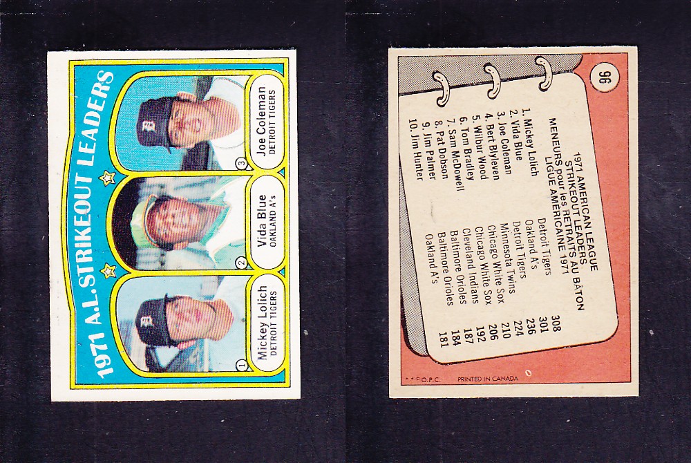 1972 O-PEE-CHEE BASEBALL CARD #96 A.L. STRIKEOUT LEADERS photo 1972 O-PEE-CHEE BASEBALL CARD #96 A.L. STRIKEOUT LEADERS photo
