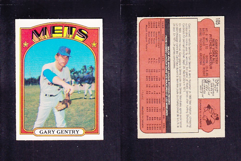 1972 O-PEE-CHEE BASEBALL CARD #105 G. GENTRY photo