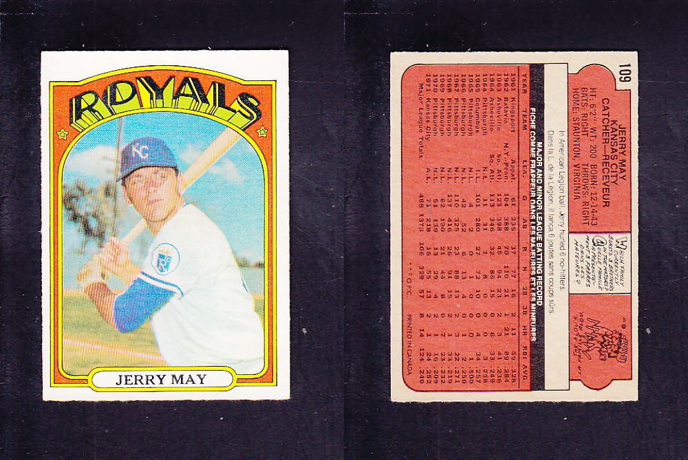 1972 O-PEE-CHEE BASEBALL CARD #109 J. MAY photo 1972 O-PEE-CHEE BASEBALL CARD #109 J. MAY photo