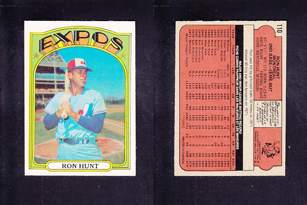 1972 O-PEE-CHEE BASEBALL CARD #110 R. HUNT photo 1972 O-PEE-CHEE BASEBALL CARD #110 R. HUNT photo