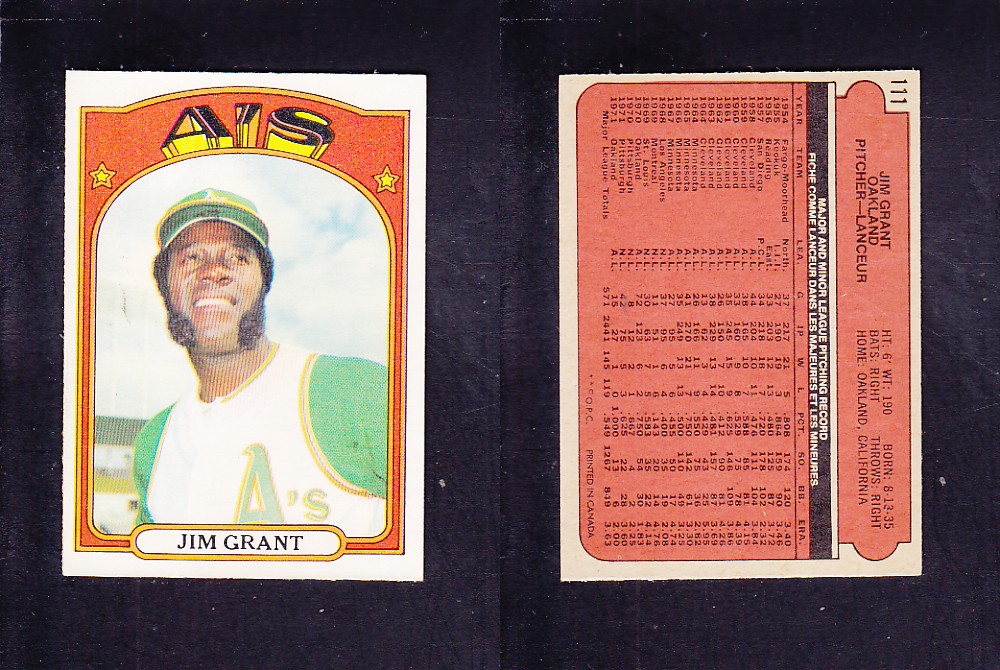 1972 O-PEE-CHEE BASEBALL CARD #111 J. GRANT photo 1972 O-PEE-CHEE BASEBALL CARD #111 J. GRANT photo