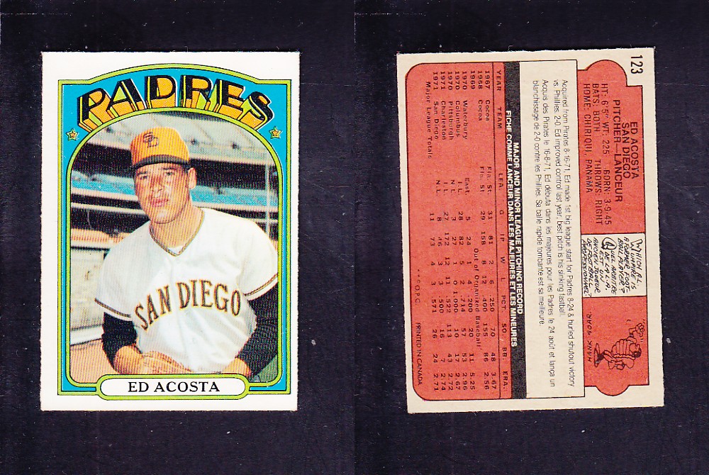 1972 O-PEE-CHEE BASEBALL CARD #123 E. ACOSTA photo 1972 O-PEE-CHEE BASEBALL CARD #123 E. ACOSTA photo