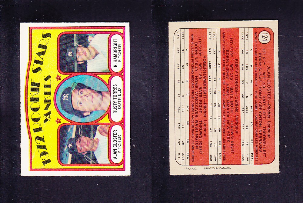 1972 O-PEE-CHEE BASEBALL CARD #124 ROOKIE STARS YANKEES photo 1972 O-PEE-CHEE BASEBALL CARD #124 ROOKIE STARS YANKEES photo