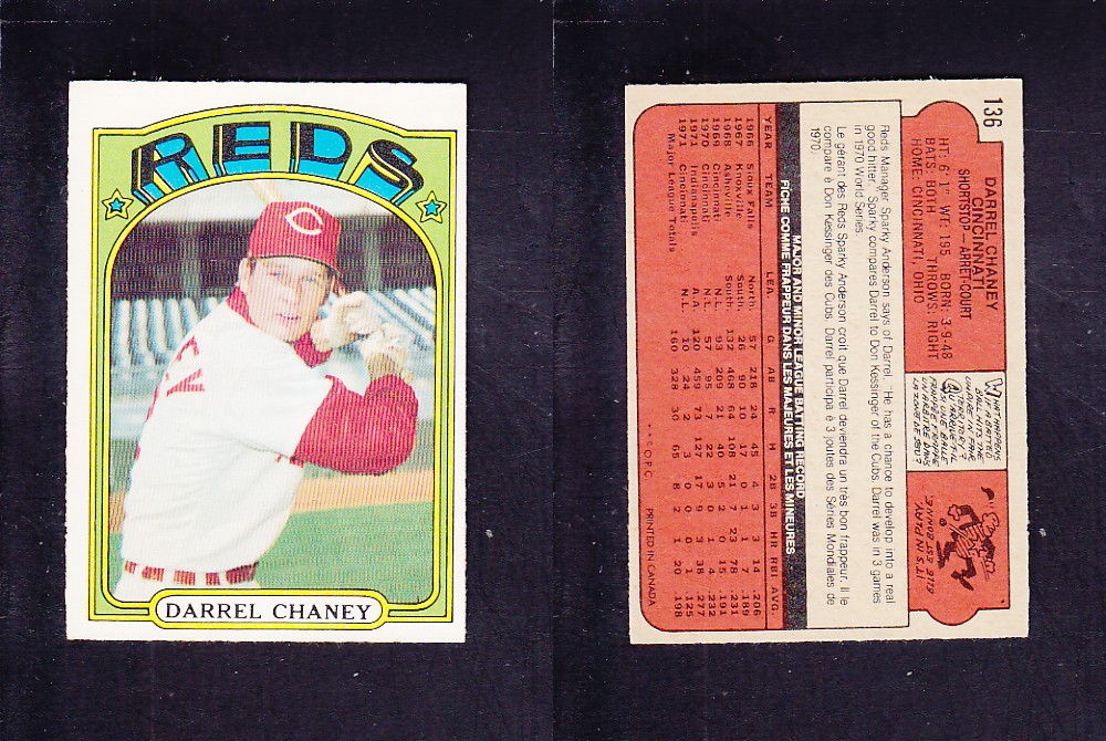 1972 O-PEE-CHEE BASEBALL CARD #136 D. CHANEY photo 1972 O-PEE-CHEE BASEBALL CARD #136 D. CHANEY photo