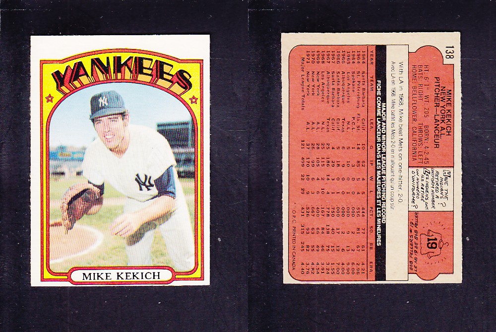 1972 O-PEE-CHEE BASEBALL CARD #138 M. KEKICH photo 1972 O-PEE-CHEE BASEBALL CARD #138 M. KEKICH photo