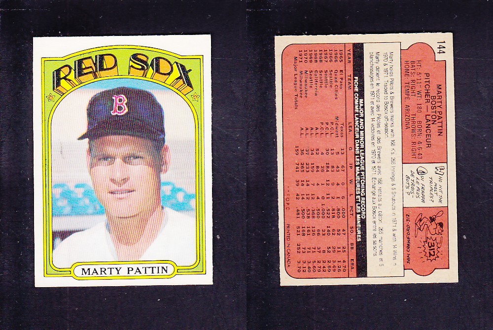 1972 O-PEE-CHEE BASEBALL CARD #144 M. PATTIN photo 1972 O-PEE-CHEE BASEBALL CARD #144 M. PATTIN photo