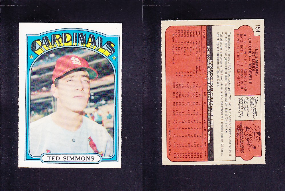 1972 O-PEE-CHEE BASEBALL CARD #154 T. SIMMONS photo 1972 O-PEE-CHEE BASEBALL CARD #154 T. SIMMONS photo