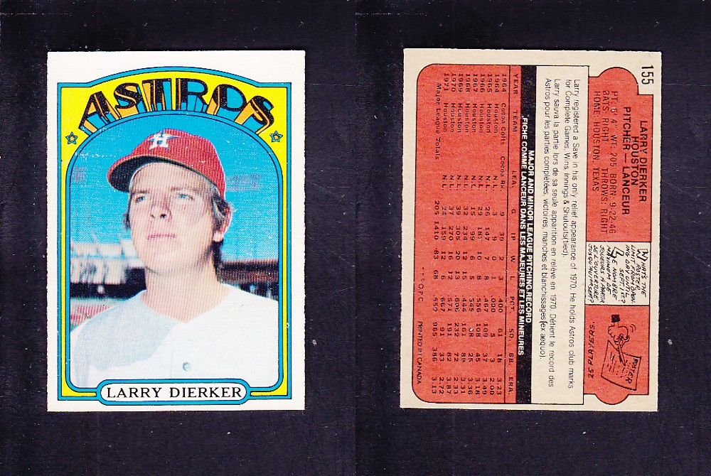 1972 O-PEE-CHEE BASEBALL CARD #155 L. DIERKER photo 1972 O-PEE-CHEE BASEBALL CARD #155 L. DIERKER photo