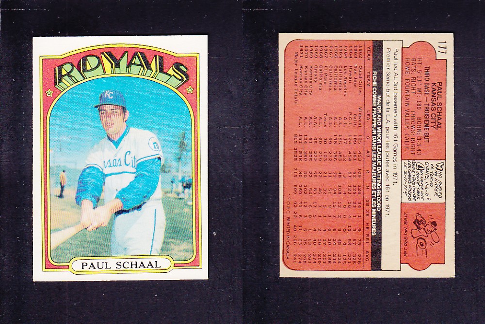 1972 O-PEE-CHEE BASEBALL CARD #177 P. SCHAAL photo 1972 O-PEE-CHEE BASEBALL CARD #177 P. SCHAAL photo