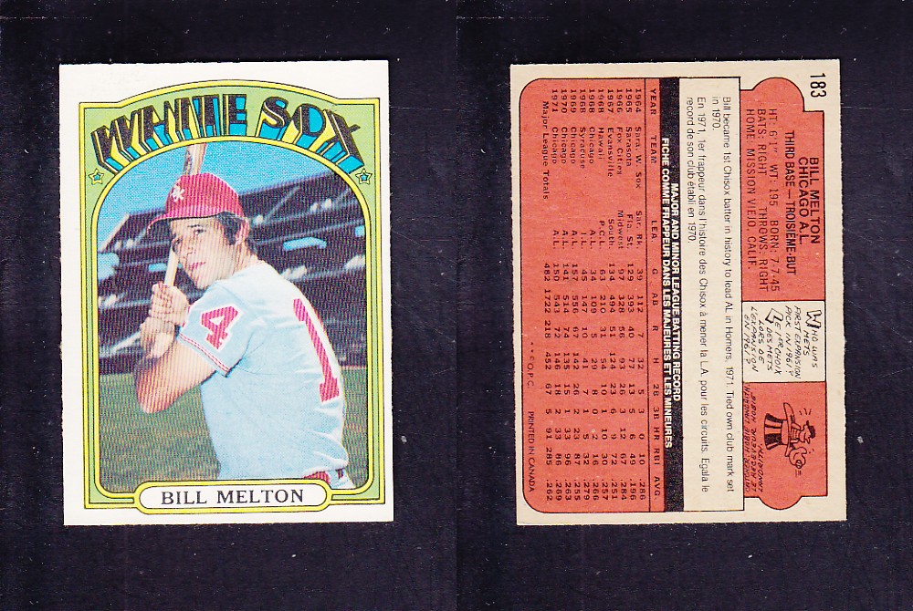 1972 O-PEE-CHEE BASEBALL CARD #183 B. MELTON photo 1972 O-PEE-CHEE BASEBALL CARD #183 B. MELTON photo