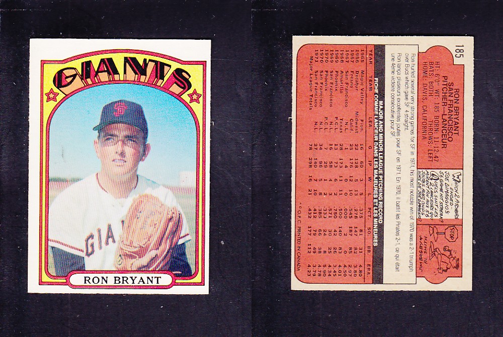1972 O-PEE-CHEE BASEBALL CARD #185 R. BRYANT photo 1972 O-PEE-CHEE BASEBALL CARD #185 R. BRYANT photo