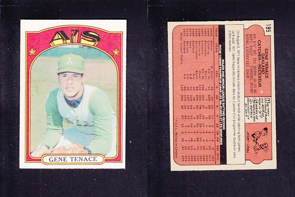 1972 O-PEE-CHEE BASEBALL CARD #189 G. TENACE photo 1972 O-PEE-CHEE BASEBALL CARD #189 G. TENACE photo